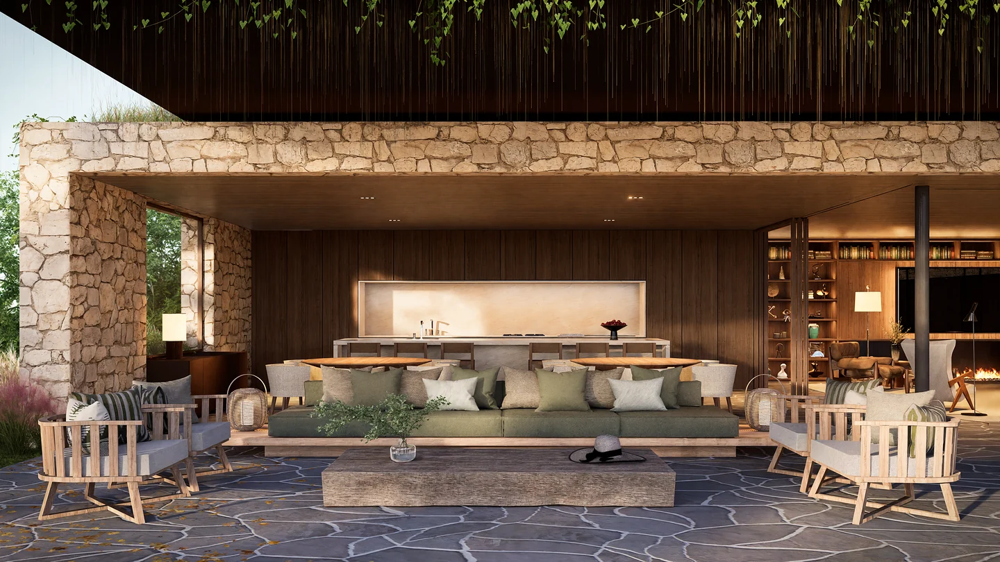 Espaço gourmet coberto da Casa Gaia com estar e jantar integrados, design de interiores Studio Maio