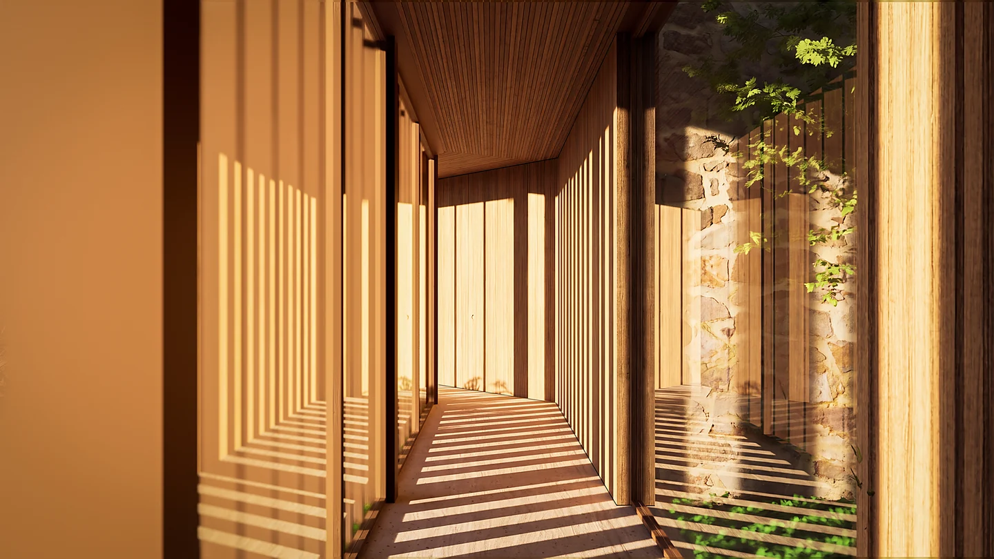 Circulação da Casa Maré com brises de madeira e luz filtrada junto ao jardim