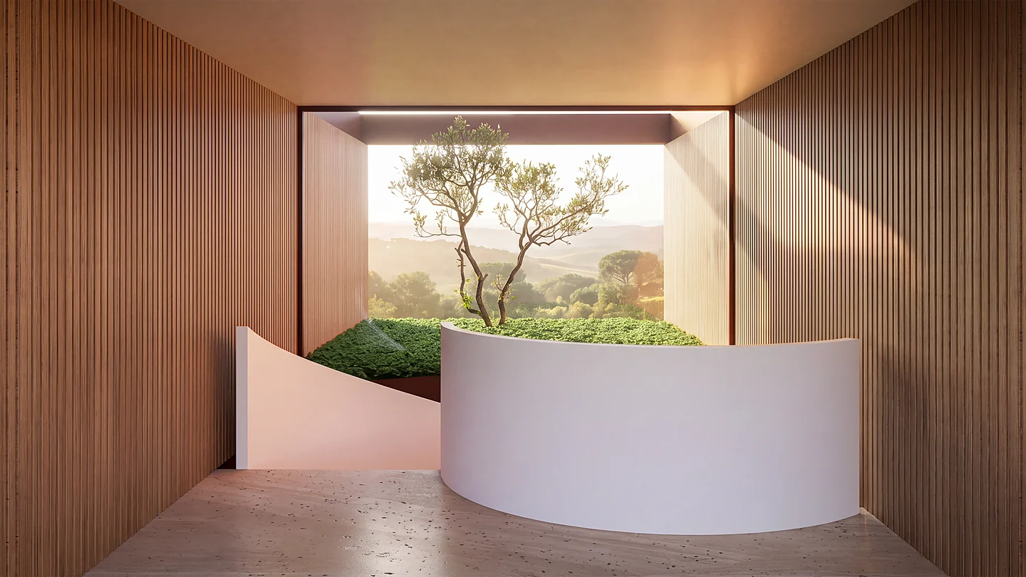 Jardim interno da Casa Maré com árvore e banco curvo, entre planos de madeira