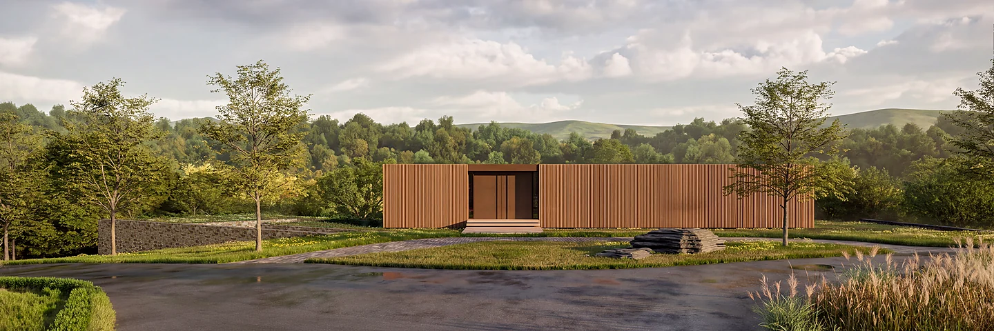 Casa Maré, fachada frontal da casa de campo horizontal em madeira, implantada na paisagem em Porto Feliz, por Studio Maio