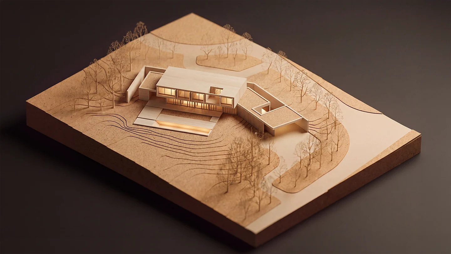 Maquete física da Casa Maré, estudo de implantação e volumetria, Studio Maio