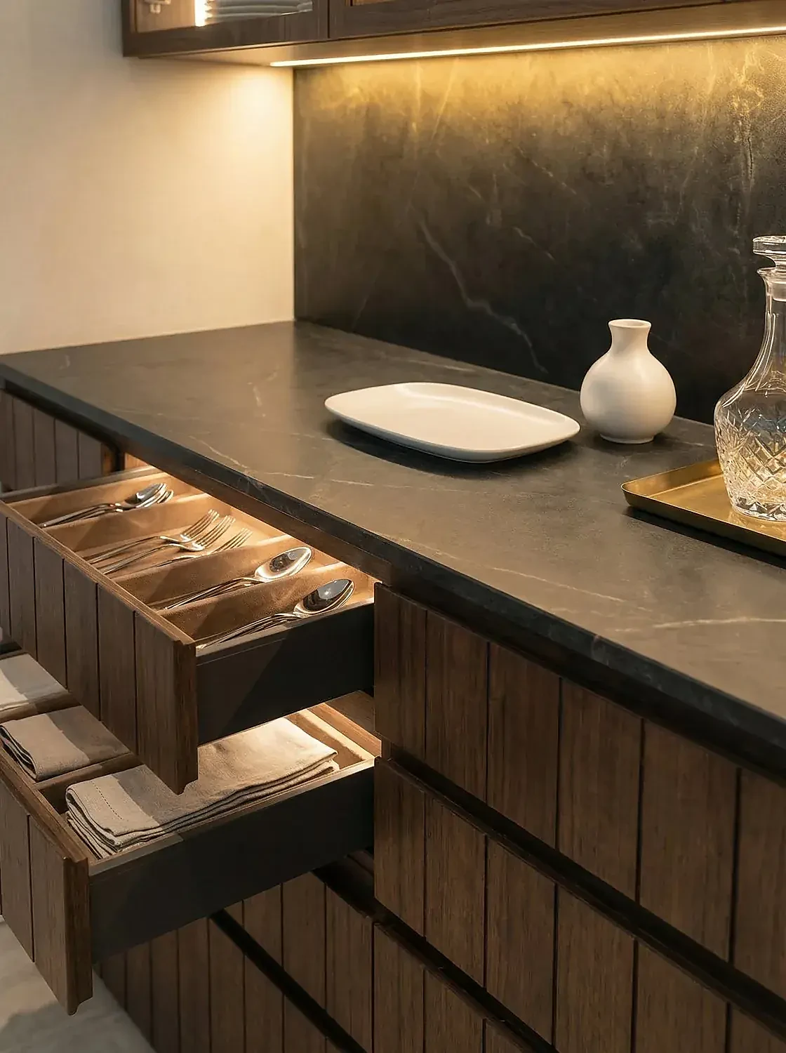 Cozinha em pedra escura e marcenaria de madeira, design de interiores de alto padrão Bauru
