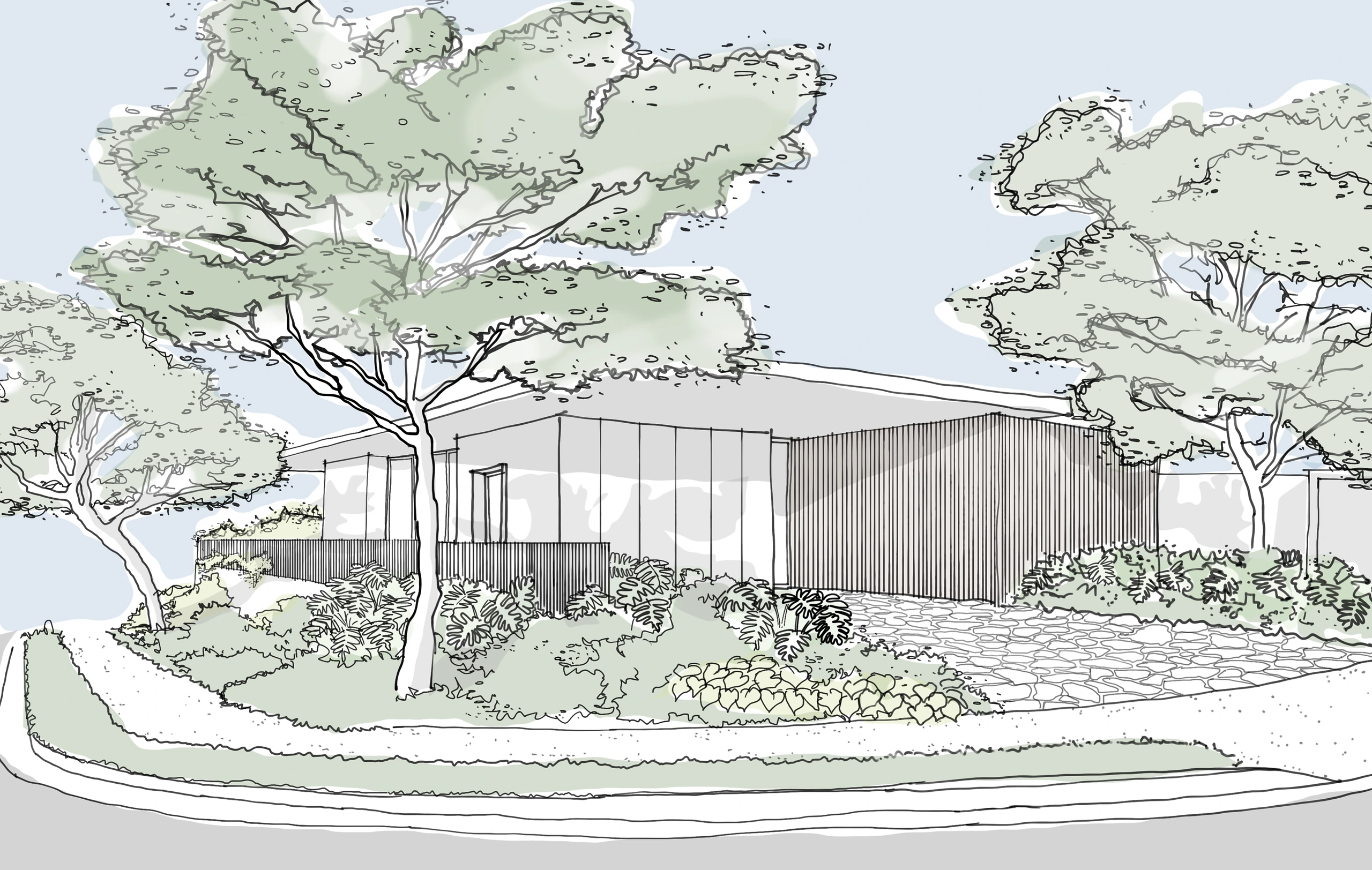 Desenho de estudo da implantação da Casa Origo, projeto de arquitetura residencial Bauru