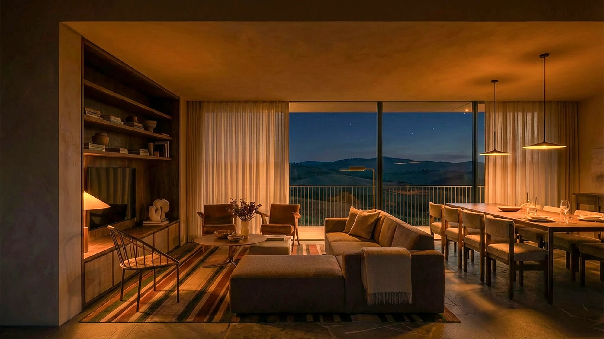 Projeto de interiores, living e jantar integrados com iluminação quente, Casa Origo