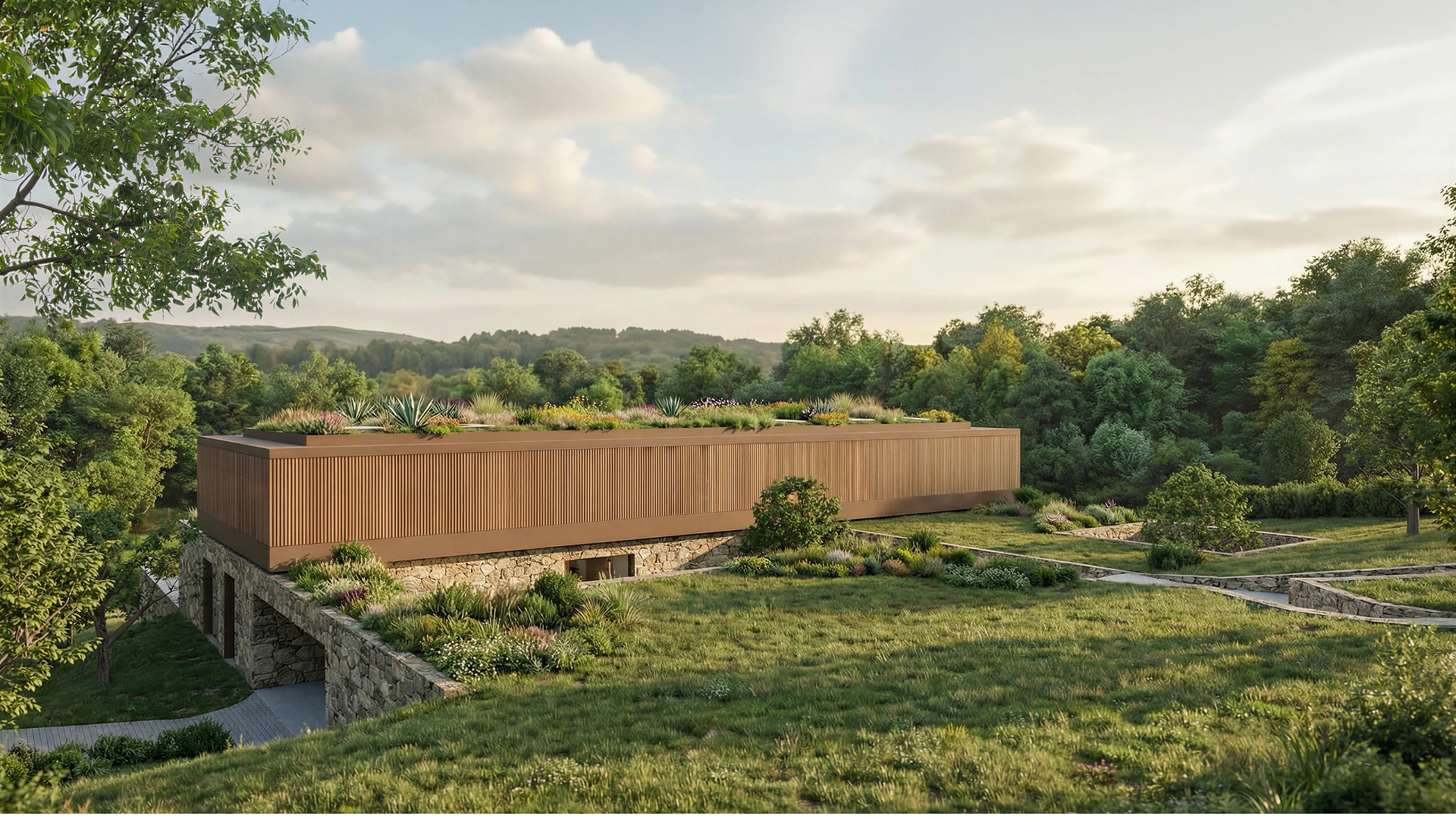 Projeto de casa de campo de alto padrão em Itupeva, volume horizontal entre as árvores, Studio Maio