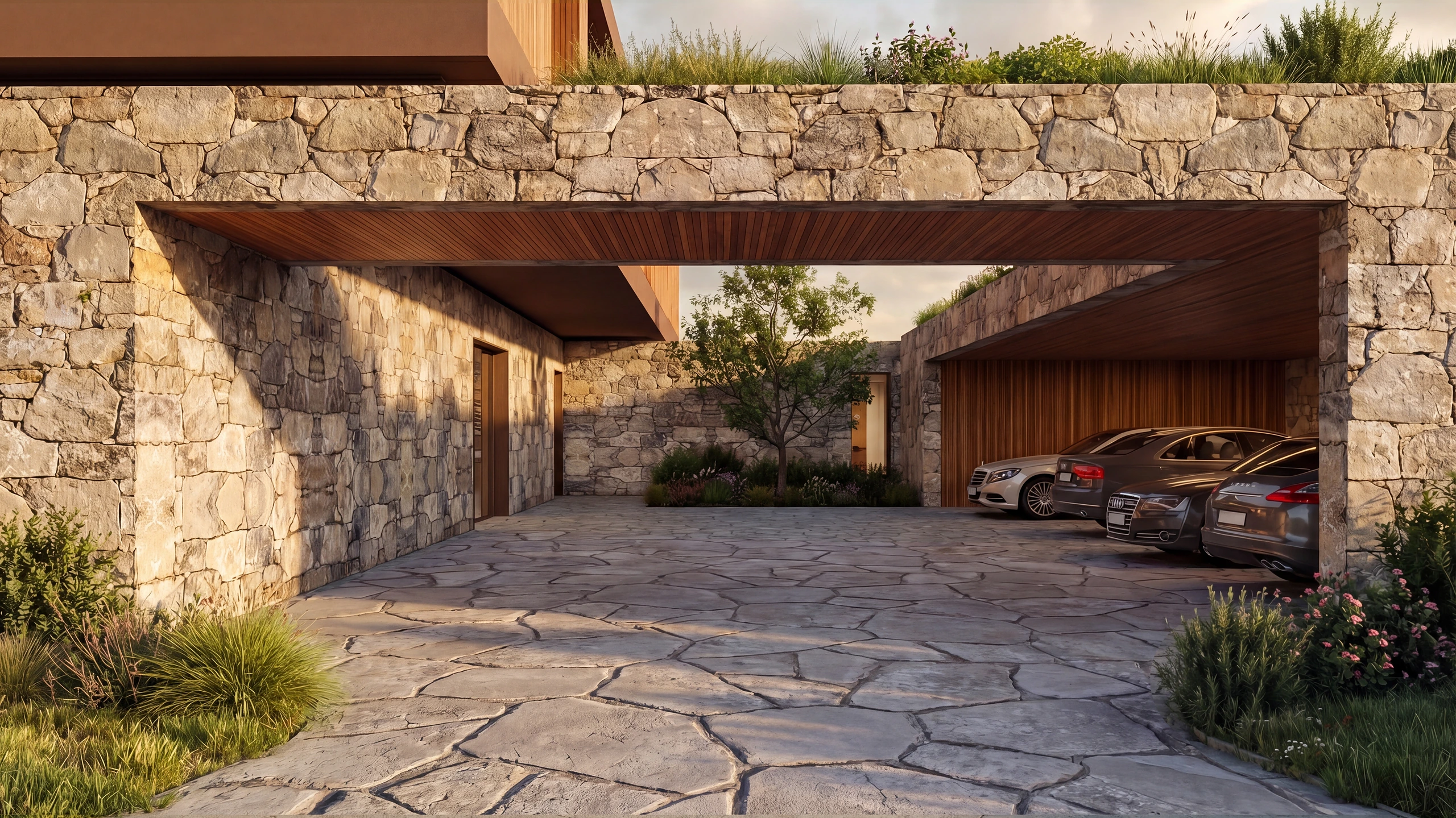 Arquitetura residencial em pedra natural, pátio de chegada da Casa Silente na Fazenda da Grama