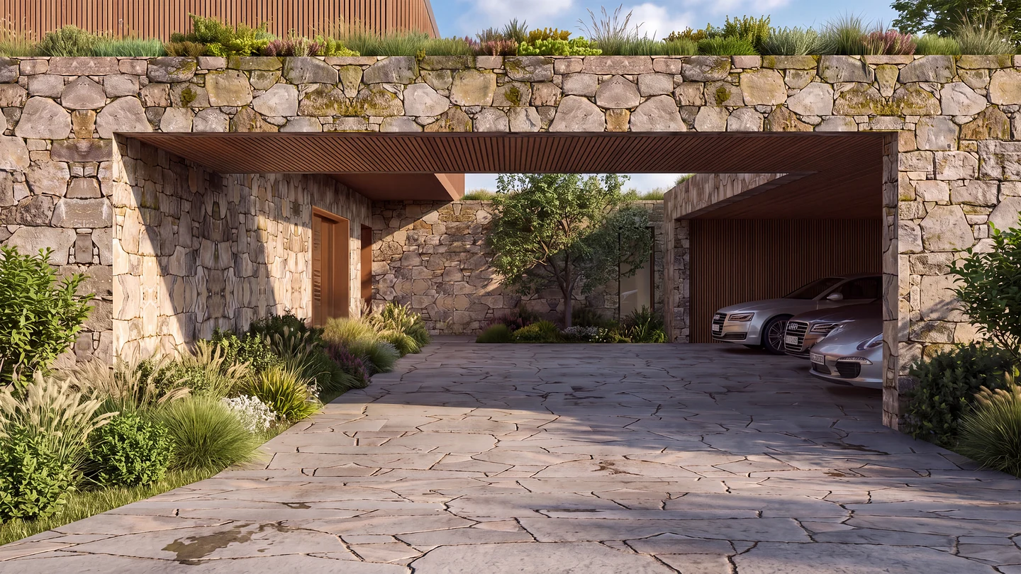 Pátio de chegada da Casa Silente em pedra natural e madeira, casa de campo de alto padrão