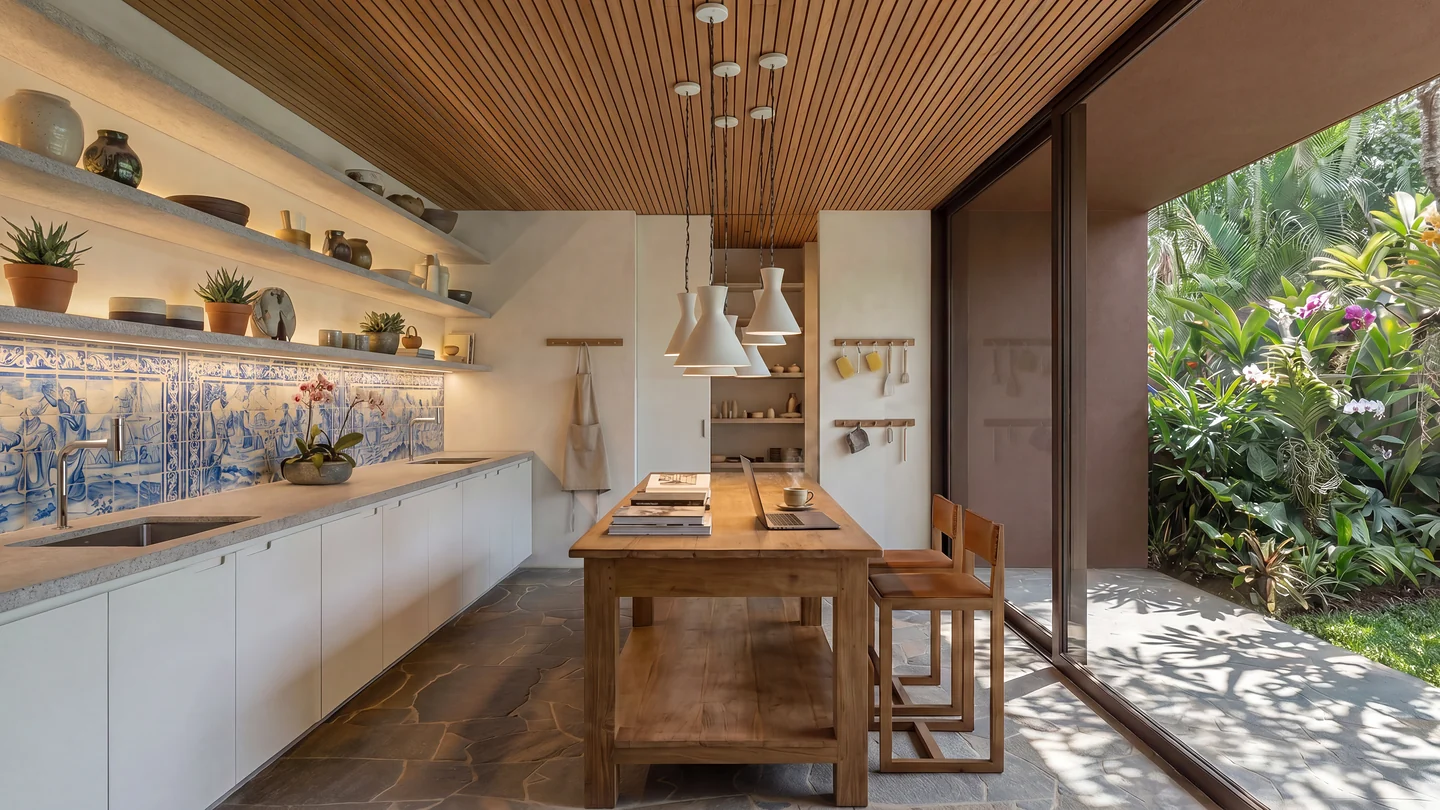 Cozinha e ateliê da Casa Silente com marcenaria sob medida e painel de azulejos, interiores residenciais