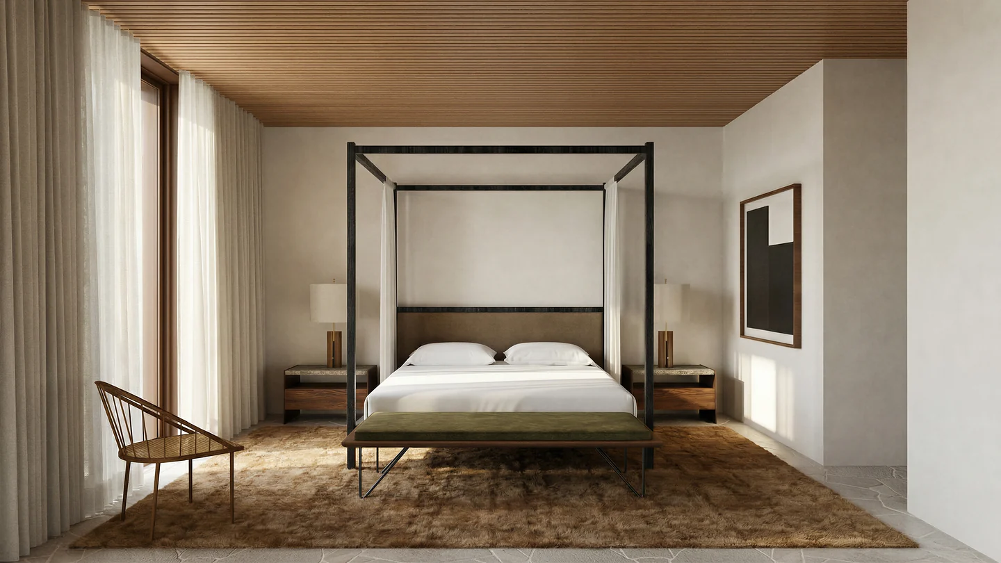 Suíte principal da Casa Silente com cama de dossel e forro de madeira, interiores de casa de campo