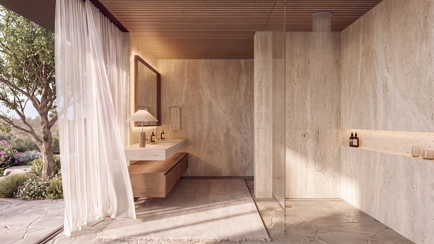 Banheiro da Casa Silente em pedra natural aberto para o jardim, projeto residencial em Itupeva