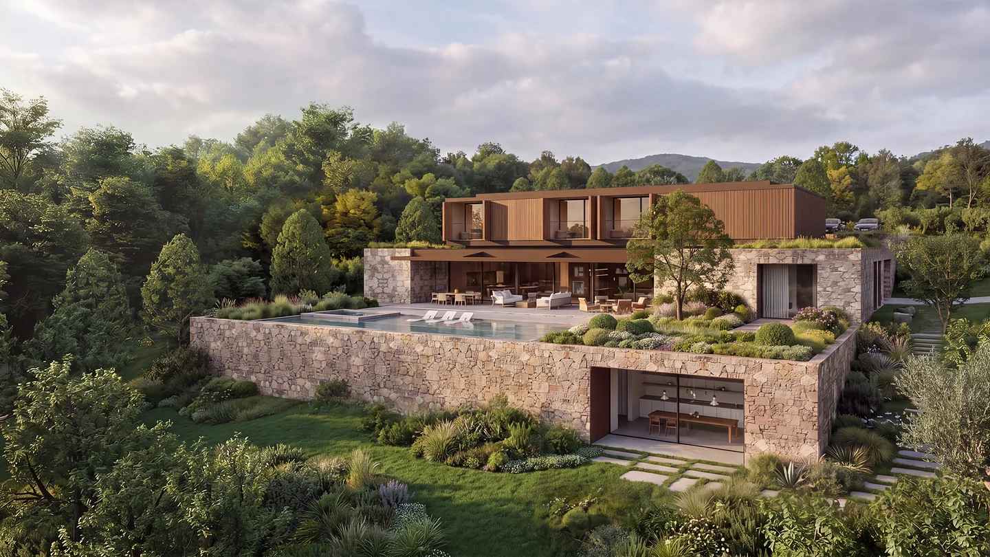 Vista aérea da Casa Silente implantada no relevo com piscina e telhado verde, casa de campo em Itupeva