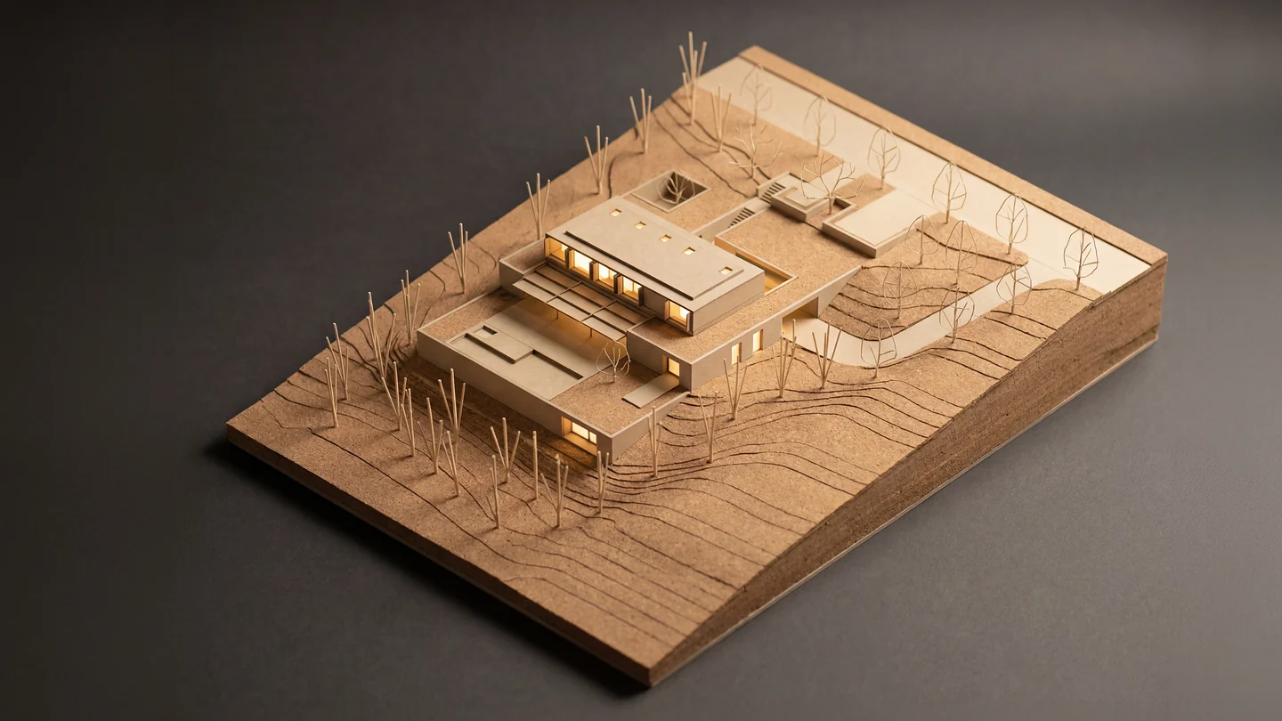 Maquete física da Casa Silente, estudo de implantação e volumetria, Studio Maio