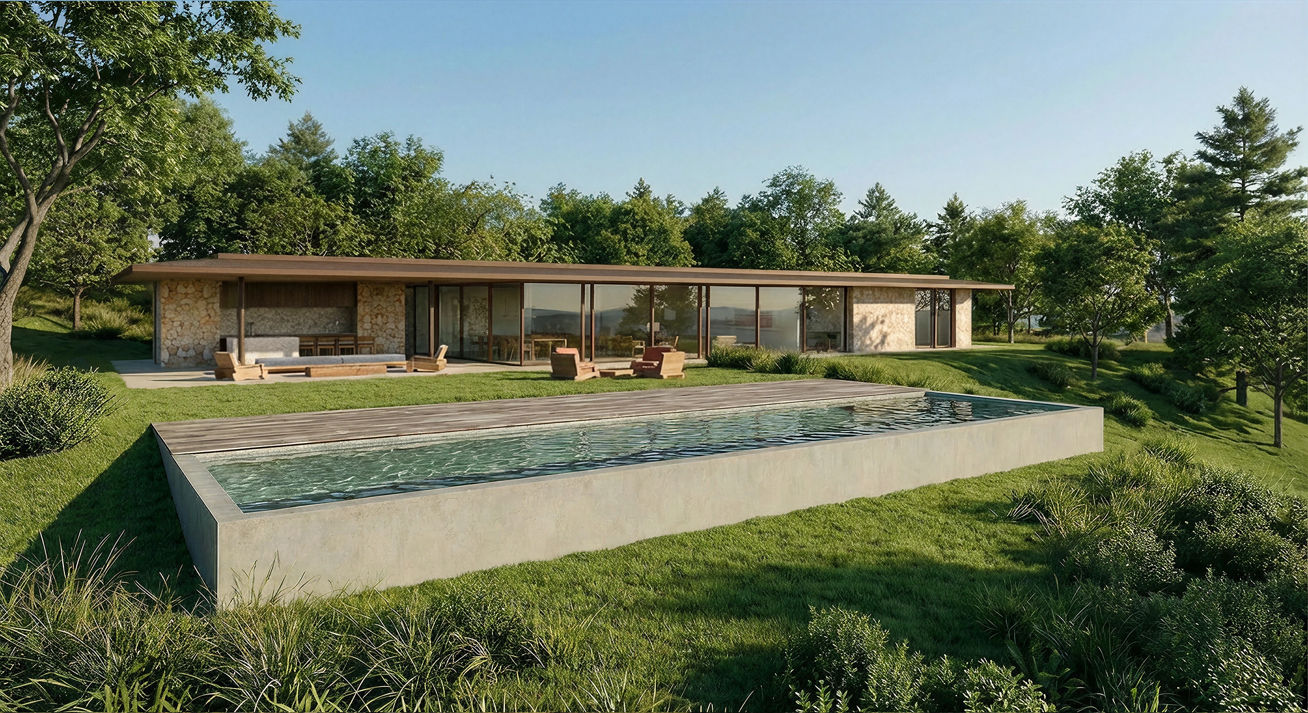 Vista aérea da Casa Tetris implantada na encosta com piscina, arquitetura residencial de alto padrão Porto Feliz